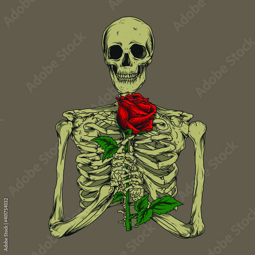 artwork illustration and t-shirt design skeleton with rose premium vector