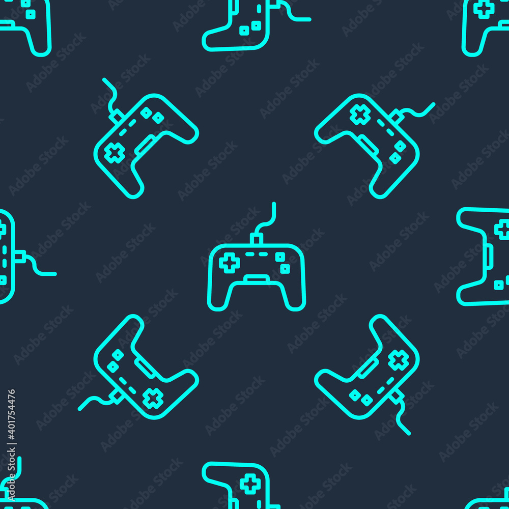 Green line Gamepad icon isolated seamless pattern on blue background. Game controller. Vector. Green line Gamepad icon isolated seamless pattern on blue background. Game controller. Vector.