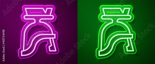 Glowing neon line Roman army helmet icon isolated on purple and green background. Vector.
