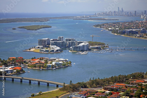 Aerial of Ephraim Island on the northern Gold Coast, Queensland, Australia with Surfers Paradise skyline in background