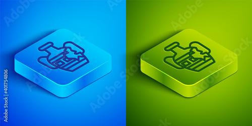 Isometric line Broken ancient amphorae icon isolated on blue and green background. Square button. Vector.