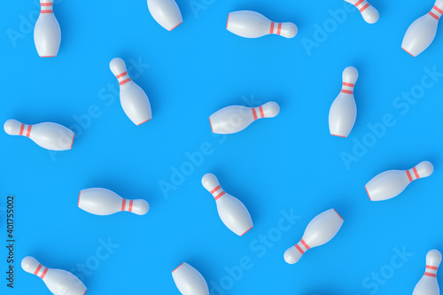 White bowling pins scattered on blue background. Active sport. Hobby and leisure. Competition and championship. Top view. 3d rendering