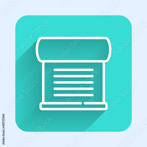 White line Decree, paper, parchment, scroll icon icon isolated with long shadow. Green square button. Vector. © Kostiantyn