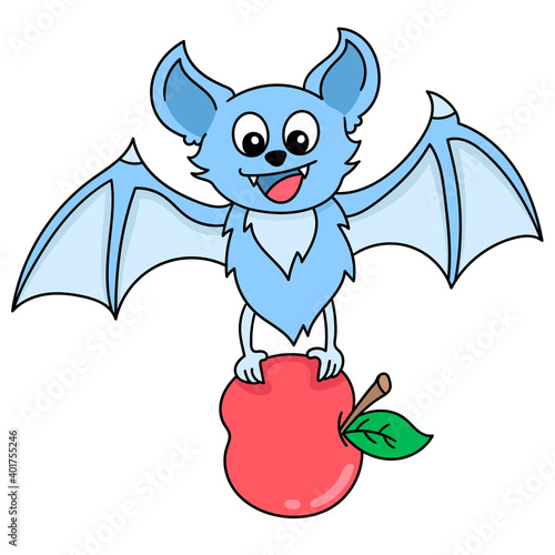a cute flying bat clutching an apple, doodle kawaii. doodle icon image