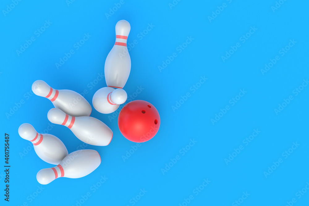 Red bowling ball crashing white falling pins on blue background. Active sport. Hobby and leisure. Competition and championship. Win and success concept. 3d rendering Red bowling ball crashing white falling pins on blue background. Active sport. Hobby and leisure. Competition and championship. Win and success concept. 3d rendering