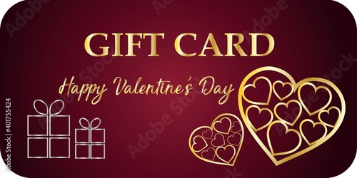 Luxury gift card for Valentine's Day with golden hearts and gifts. Deep red background.