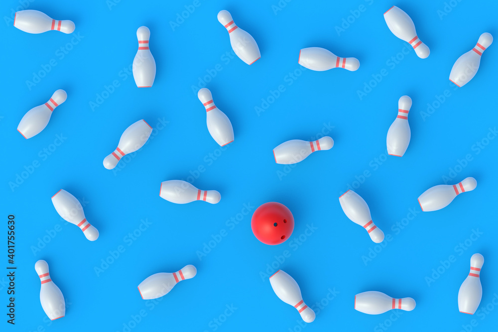 Red bowling ball and white pins on blue background. Active sport. Hobby and leisure. Competition and championship. Top view. 3d rendering Red bowling ball and white pins on blue background. Active sport. Hobby and leisure. Competition and championship. Top view. 3d rendering