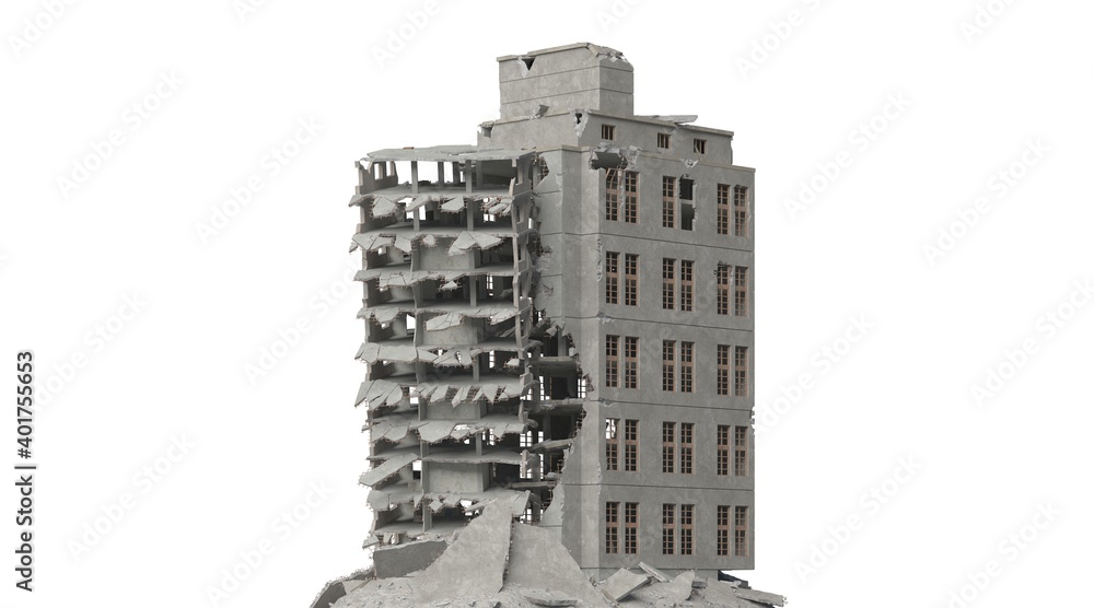 Ruined building isolated on white 3d illustration Ruined building isolated on white 3d illustration