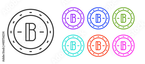 Black line Cryptocurrency coin Bitcoin icon isolated on white background. Physical bit coin. Blockchain based secure crypto currency. Set icons colorful. Vector.