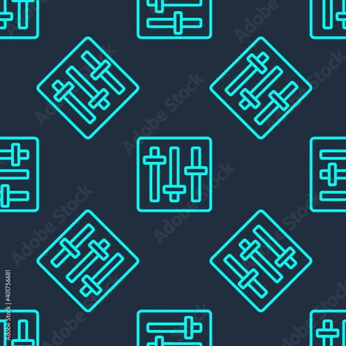 Green line Sound mixer controller icon isolated seamless pattern on blue background. Dj equipment slider buttons. Mixing console. Vector.