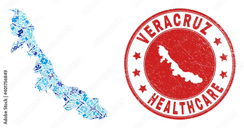 Vector mosaic Veracruz State map with vaccination icons, medicine symbols, and grunge doctor imprint. Red round imprint with scratched rubber texture and Veracruz State map tag and map.