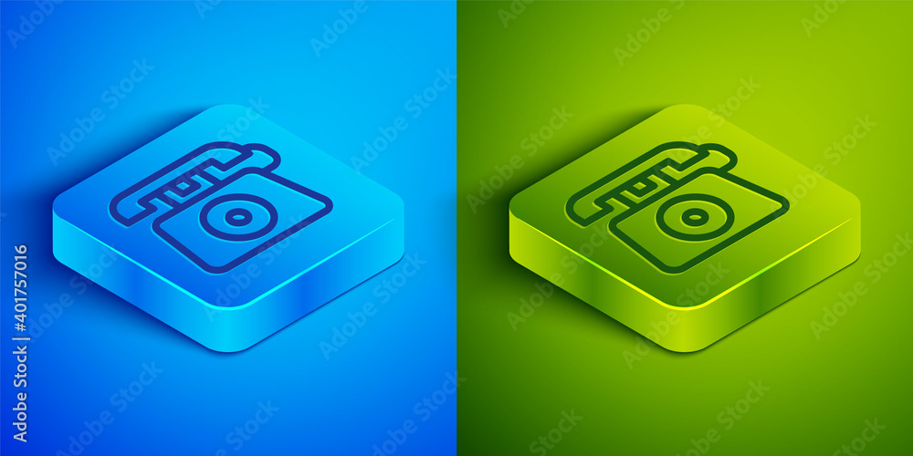 Isometric line Telephone with emergency call 911 icon isolated on blue and green background. Police, ambulance, fire department, call, phone. Square button. Vector. Isometric line Telephone with emergency call 911 icon isolated on blue and green background. Police, ambulance, fire department, call, phone. Square button. Vector.