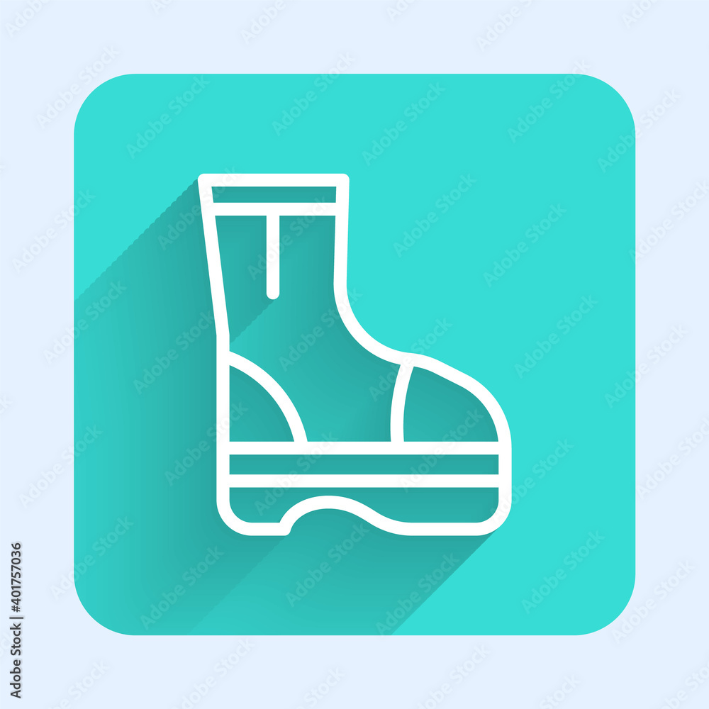 White line Fire boots icon isolated with long shadow. Green square button. Vector. White line Fire boots icon isolated with long shadow. Green square button. Vector.