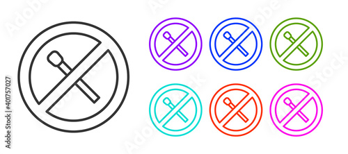 Black line No fire match icon isolated on white background. No open flame. Burning match crossed in circle. Set icons colorful. Vector.