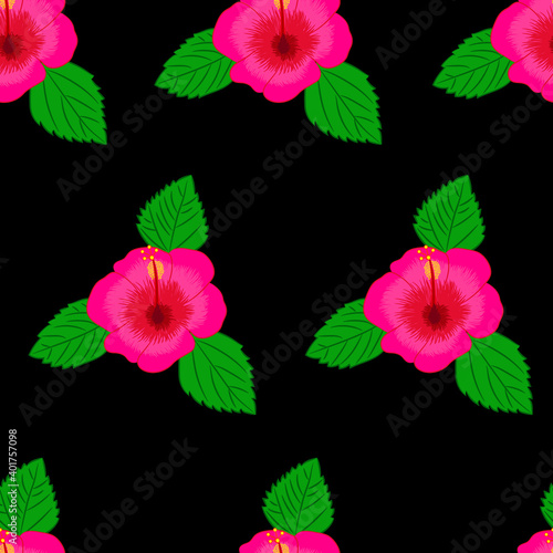 Seamless pattern with exotic bright pink hawaiian tropical hibiscus flower and leaves. Vector botanical summer print for textile
