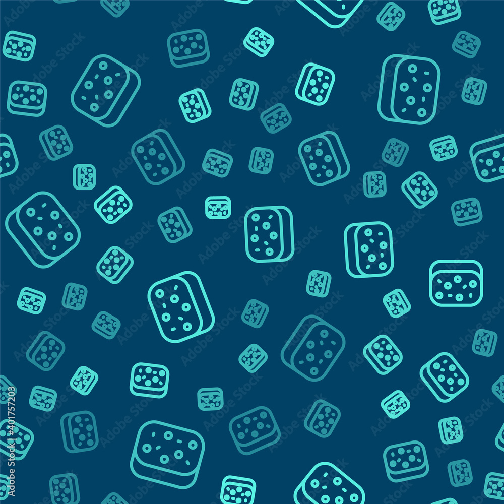 Green line Sponge with bubbles icon isolated seamless pattern on blue background. Wisp of bast for washing dishes. Cleaning service logo. Vector. Green line Sponge with bubbles icon isolated seamless pattern on blue background. Wisp of bast for washing dishes. Cleaning service logo. Vector.
