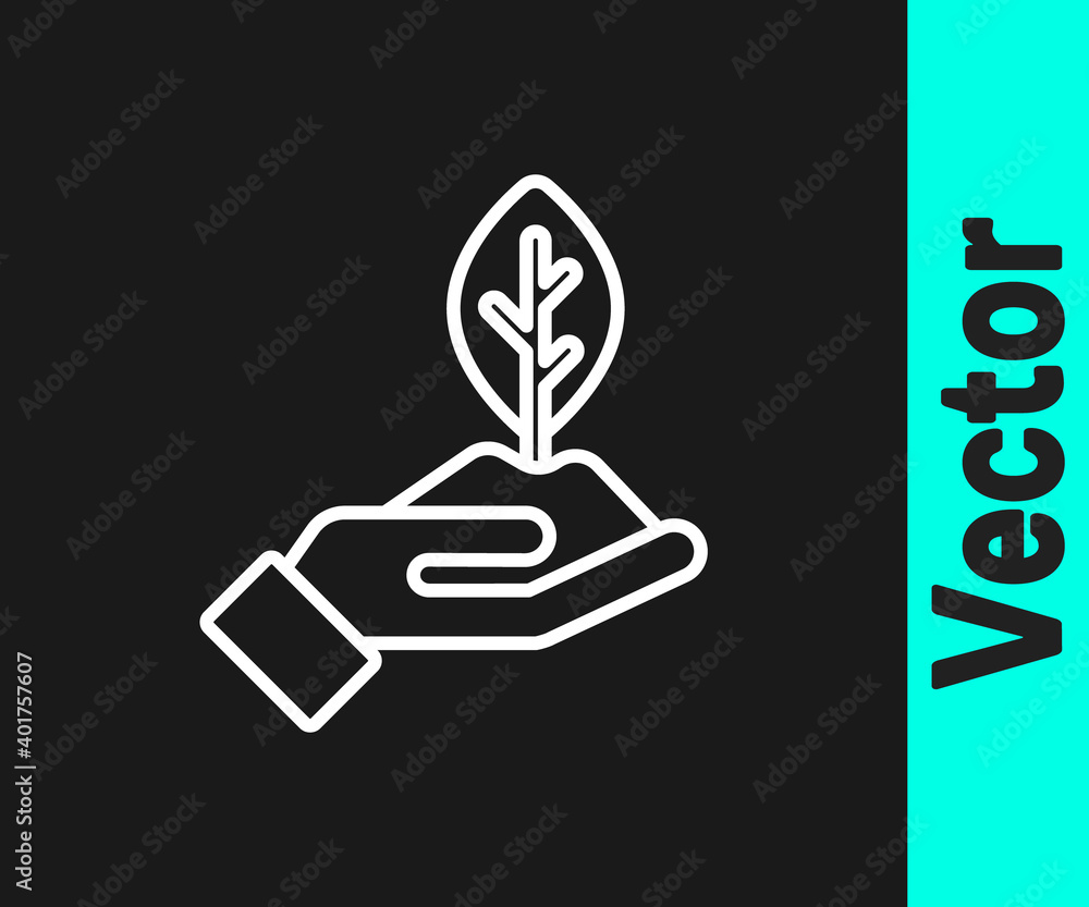 White line Plant in hand of environmental protection icon isolated on black background. Seed and seedling. Planting sapling. Ecology concept. Vector. White line Plant in hand of environmental protection icon isolated on black background. Seed and seedling. Planting sapling. Ecology concept. Vector.