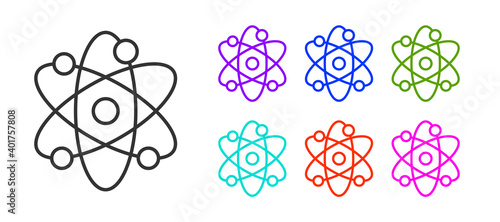 Black line Atom icon isolated on white background. Symbol of science, education, nuclear physics, scientific research. Set icons colorful. Vector.
