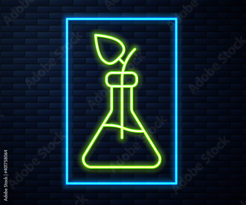 Glowing neon line Plant breeding icon isolated on brick wall background. Plants growing in the test tubes. Organic food ,agriculture and hydroponic. Vector.