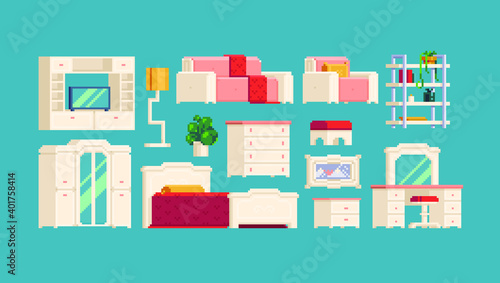Cool big furniture set. Pixel art vector illustrations