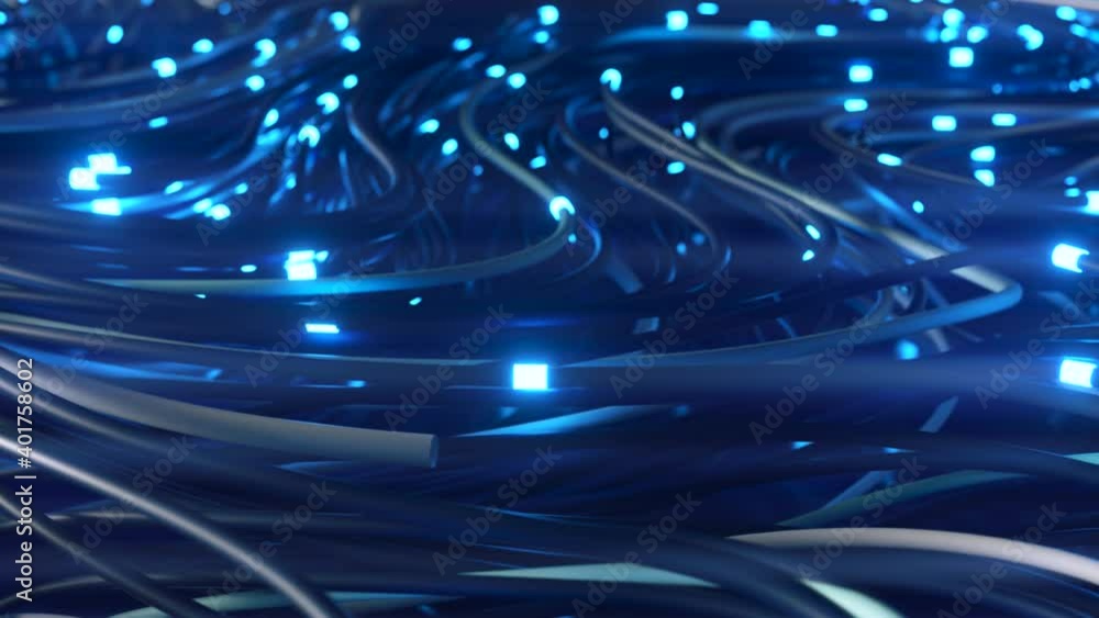 Bundles of abstract optical fiber lines. Bright light signals quickly transmit data for high speed internet connection. Technology and internet concept. 3d render
