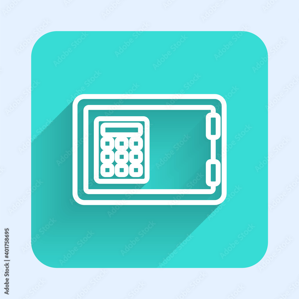 White line Safe icon isolated with long shadow. The door safe a bank vault with a combination lock. Reliable Data Protection. Green square button. Vector. White line Safe icon isolated with long shadow. The door safe a bank vault with a combination lock. Reliable Data Protection. Green square button. Vector.