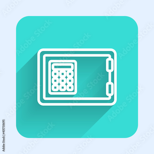 White line Safe icon isolated with long shadow. The door safe a bank vault with a combination lock. Reliable Data Protection. Green square button. Vector.