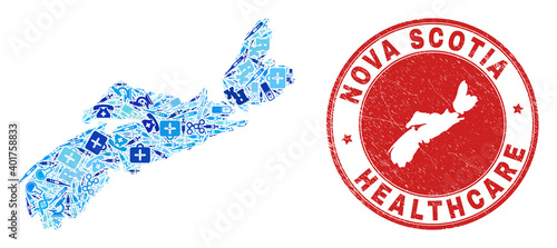 Vector mosaic Nova Scotia Province map of healthcare icons, labs symbols, and grunge health care imprint. Red round watermark with grunge rubber texture and Nova Scotia Province map text and map.