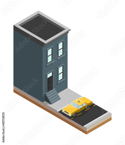 Yellow cab banner isometric. Online navigation application order taxi service. Isometry car building, isometric route banner.3D taxi classic vehicle itinerary road. Get a taxi online phone application