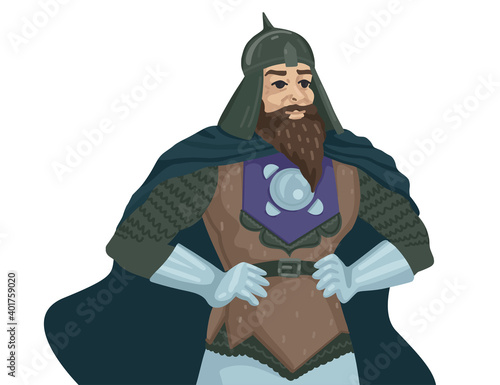 Warrior, knight with kraksny cape, medieval military character. A man in chain mail. The king. Vector character isolated on white background. Flat style cartoon.