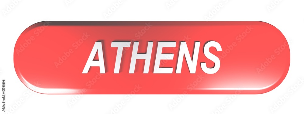 ATHENS red rounded rectangle push button isolated on white background - 3D rendering illustration ATHENS red rounded rectangle push button isolated on white background - 3D rendering illustration