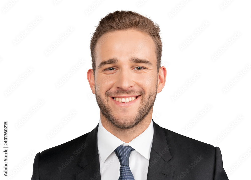 Young businessman in suit, closeup portrait shot of caucasian office manager. Smiling happy guy in office clothes, isolated over white background Young businessman in suit, closeup portrait shot of caucasian office manager. Smiling happy guy in office clothes, isolated over white background