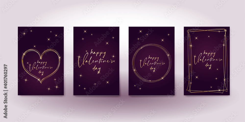 set valentine's day greeting card banner invitation flyer brochure. dark purple and gold luxury rich style. heart shape shiny stars and fashion lettering