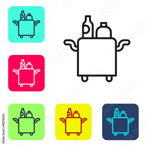 Black line Trolley for food and beverages icon isolated on white background. Set icons in color square buttons. Vector.