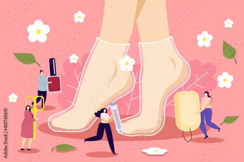 Vector image of feet in a foot mask with little people carrying foot care products, heel scraper, scissors, nail polish. Foot care and foot masks concept.