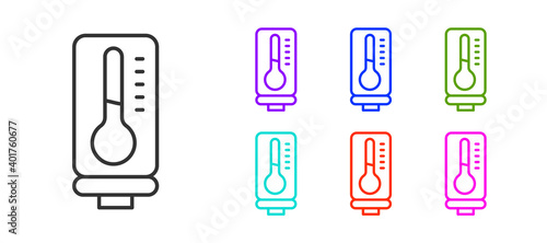 Black line Meteorology thermometer measuring heat and cold icon isolated on white background. Thermometer equipment showing hot or cold weather. Set icons colorful. Vector.
