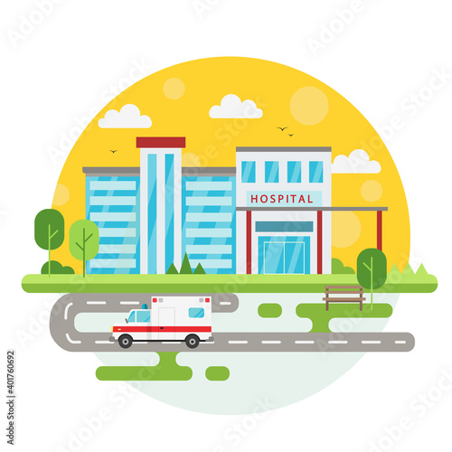 Vector image of a hospital outside with an ambulance on colorful background