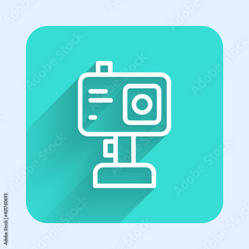 White line Action extreme camera icon isolated with long shadow. Video camera equipment for filming extreme sports. Green square button. Vector.