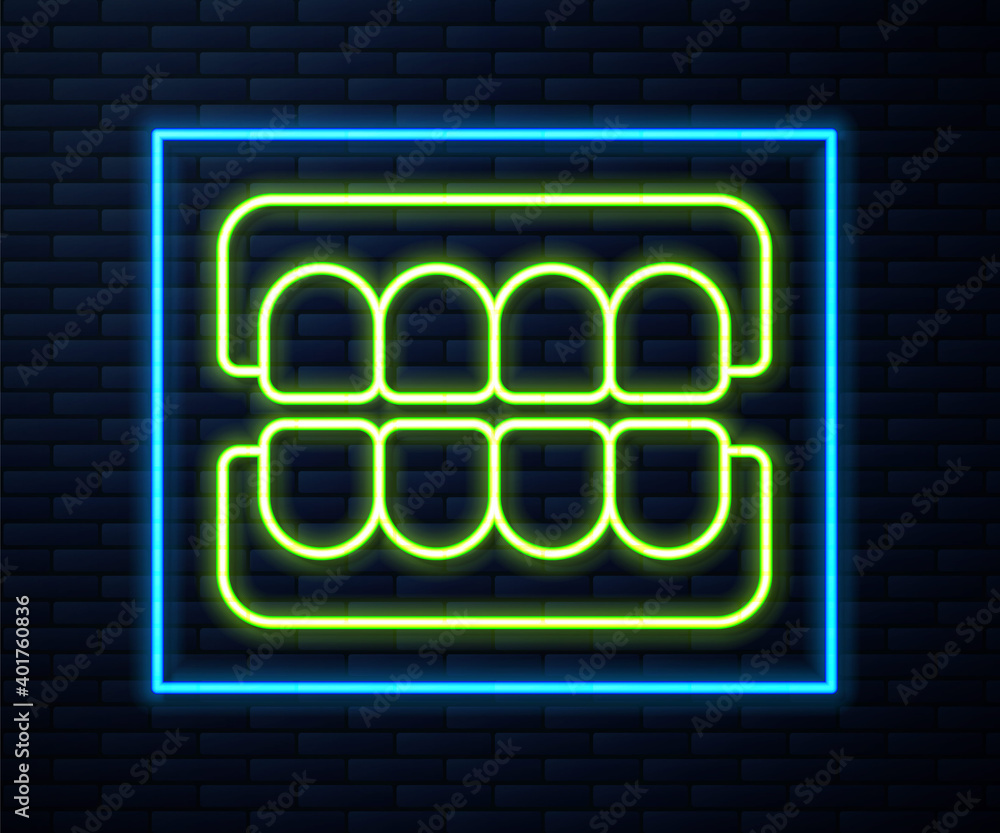 Glowing neon line False jaw icon isolated on brick wall background. Dental jaw or dentures, false teeth with incisors. Vector. Glowing neon line False jaw icon isolated on brick wall background. Dental jaw or dentures, false teeth with incisors. Vector.
