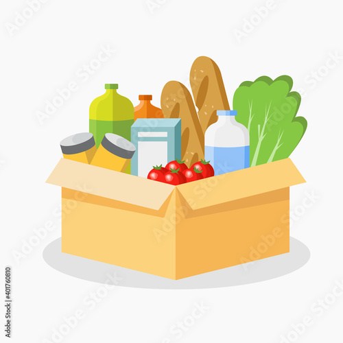 Vector illustration which shows a box with essential products: water, cereals, canned food, etc. The concept of volunteer voluntary assistance to those in need.