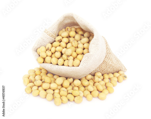 Burlap sack with soy beans isolated on white background 