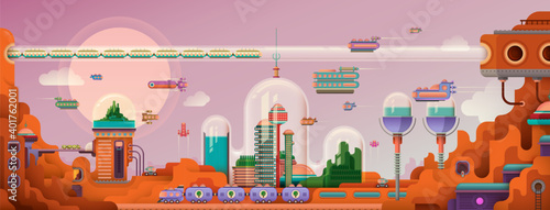 Retro style futuristic illustration colonization of Mars. Human settlement  on Mars. Vector illustration.