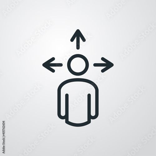 Símbolo decisión. Icono plano lineal hombre con flechas con lineas en fondo gris