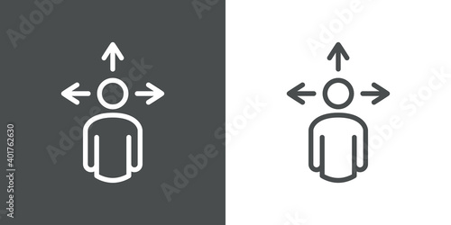 Símbolo decisión. Icono plano lineal hombre con flechas con lineas en fondo gris y fondo blanco	