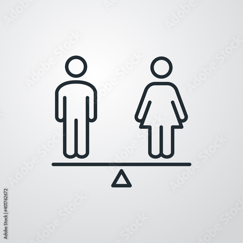 Igualdad de género. Logotipo hombre y mujer en balanza con lineas en fondo gris
