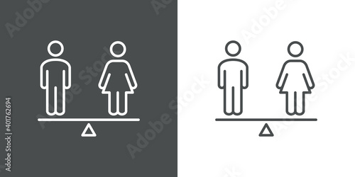 Igualdad de género. Logotipo hombre y mujer en balanza con lineas en fondo gris y fondo blanco