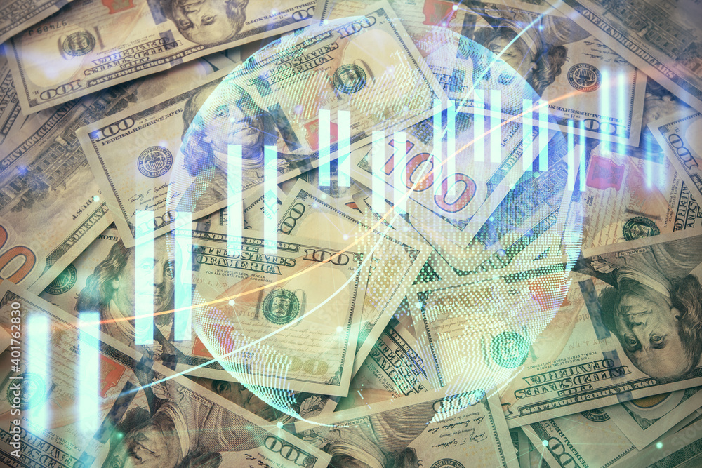 Multi exposure of forex chart drawing over us dollars bill background. Concept of financial success markets. Multi exposure of forex chart drawing over us dollars bill background. Concept of financial success markets.