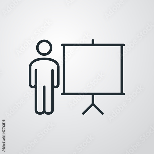 Presentación de negocios. Formación. Icono plano hombre con pizarron con lineas en fondo gris