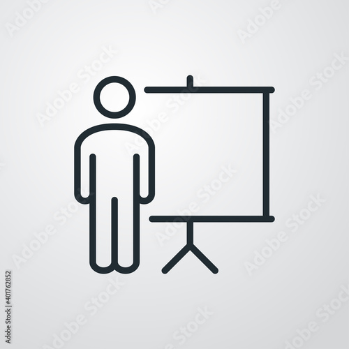Presentación de negocios. Formación. Icono plano hombre con pizarron con lineas en fondo gris