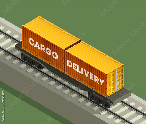 3D Isometric shipping cargo railway platform container 20 ft. Large metal 20 foot containers for transportation goods carrier. Delivery of cargo shipping. illustration